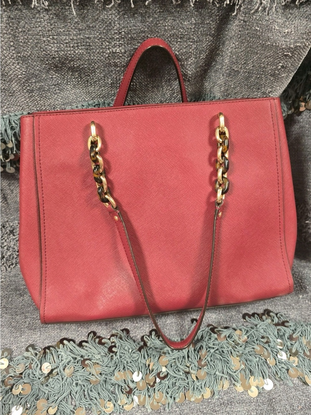 Michael Kors Red Shoulder Tote with Gold Chain Straps